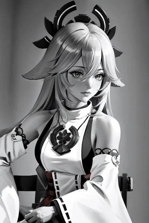 Highly detailed, High Quality, Masterpiece, beautiful, IncursioGigaSitting, <lora:GigaIncursioSitting:1>, 1girl, yae miko, long hair, animal ears, <lora:Char_GenshinImpact_YaeMiko:1>, greyscale, monochrome,