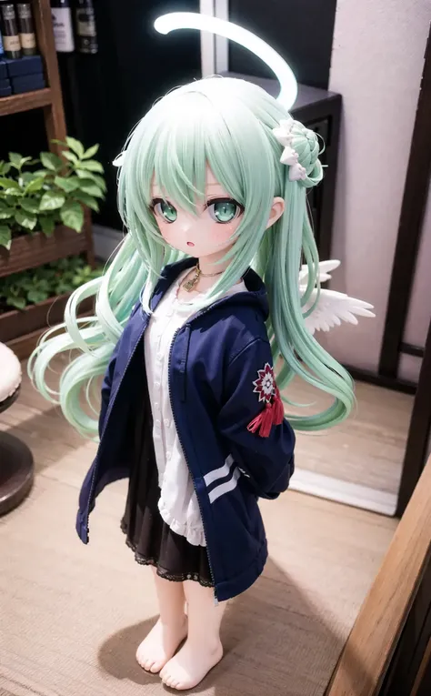 (cowboy shot,very long hair,4349:1),<lora:lora_1230c:0.25>,1girl,solo,chibi,hair_bun,halo,wings,long_hair,jacket,ahoge,barefoot,green_eyes,looking_at_viewer,braid,single_hair_bun,dress,full_body,white_jacket,hair_ornament,blush,green_hair,bangs,virtual_youtuber,single_side_bun,hair_between_eyes,very_long_hair,