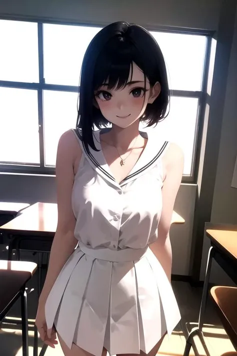 jk_lure_dress3, masterpiece, extremely detailed, best quality, 1girl, solo, black hair, light smile, looking at viewer, classroom, standing, perfect body, medium breast, night, dramatic lighting, <lora:jk_lure_dress3:0.6>