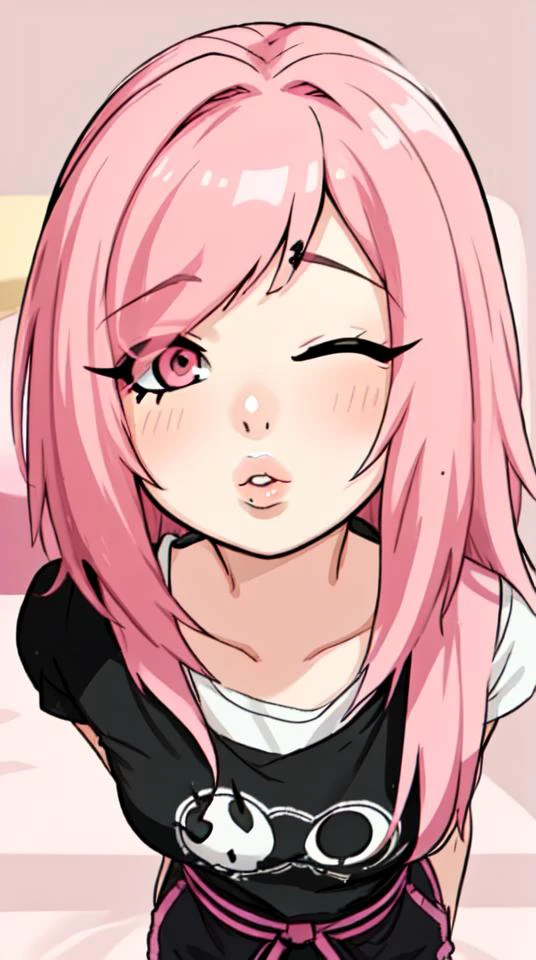Scene girl with fluffy hair standing kissing viewer, (emo makeup), pov, kiss, (pov, kiss), hair in face, hair bangs, (pink hair), emo clothes, blush,
from above, 1girl, solo, solo focus, facing viewer, kissing viewer, 1 eye open, 1 eye closed, wink, (detailed lips), lip makeup, lips, (big lips), lip gloss,
bed room, bed room background, soft light,
<lora:scene:0.7>, <lora:concept-pov-kiss-v1:0.8>,