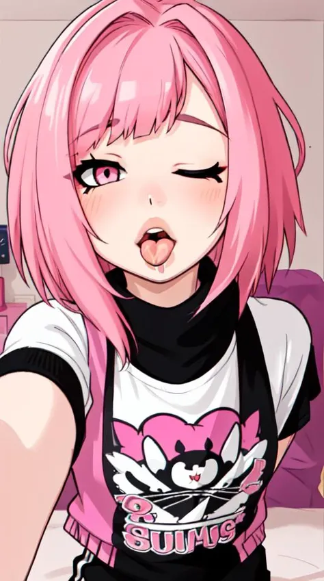 Scene girl with fluffy hair standing tongue kissing viewer, (emo makeup), pov, kiss, (pov, kiss), hair in face, hair bangs, (pink hair), emo clothes, blush, open mouth, tongue, tongue kiss, detailed tongue, saliva,
from above, 1girl, solo, solo focus, facing viewer, kissing viewer, 1 eye open, 1 eye closed, wink, (detailed lips), lip makeup, lips, (big lips), lip gloss,
bed room, bed room background, soft light,
<lora:scene:0.7>, <lora:concept-pov-kiss-v1:0.8>,