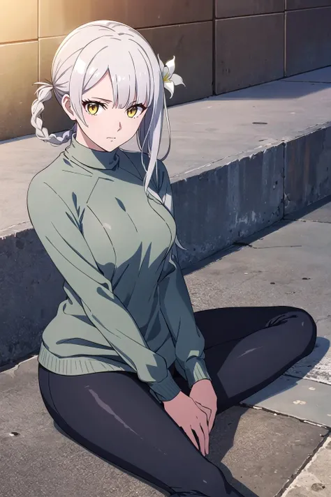 masterpiece, good quality,
1girl, solo,
<lora:Kaine-10:1> Kaine, hair flower, yellow eyes, ring braid, asymmetrical hair, white hair, bangs, looking at viewer, ((sweater)), yoga pants,