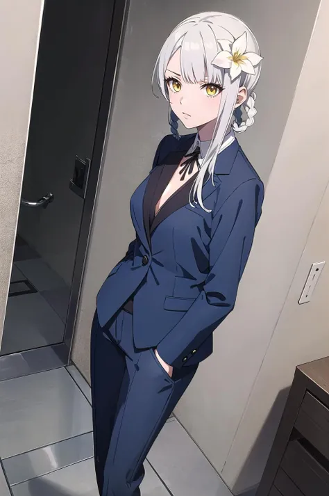 masterpiece, good quality,
1girl, solo,
<lora:Kaine-10:1> Kaine, hair flower, yellow eyes, single ring braid, asymmetrical hair, white hair, bangs, shirt, suit pants,