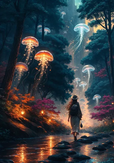 (Masterpiece: 1.2), (Best Quality), (Ultra Detailed), (8k, 4k, Complex), (Highly Detailed: 1.2), (Detailed Background), Detailed Landscape, A Girl, Walking on Water, Back View, <lora:more_details:0.5> <lora:style :0.6>((neostyle)), outdoor, artist name, trees, night, watermark, architecture, landscape, city, road, cityscape, skyscraper, city lights, jellyfish forest <lora:jellyfish-noise:0.8>