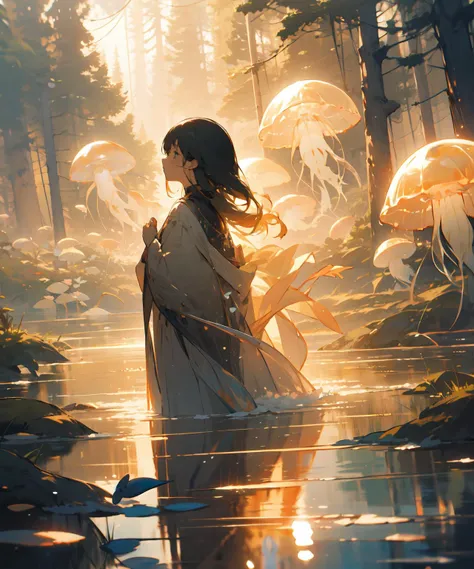 (masterpiece, best_qualiity, highres, absurdres), official art, 1girl,solo, water, lake, on back, floating, long hair, floating hair, partially submerged, film grain, <lora:FilmVelvia3:0.4>, jellyfishforest, forest, jellyfish, <lora:[LoRA] Jellyfish forest 水月森 くらげもり Concept (With dropout & noise version):0.85><lora:clearlight:0.4><lyco:pseudo_daylight:0.6>