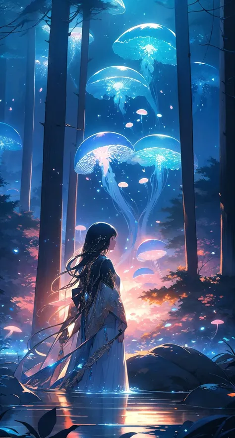 jellyfishforest, 1girl, mushroom, dress, long hair, scenery, white dress, solo, nature, water, wading, outdoors, tree, standing, black hair, fantasy, forest