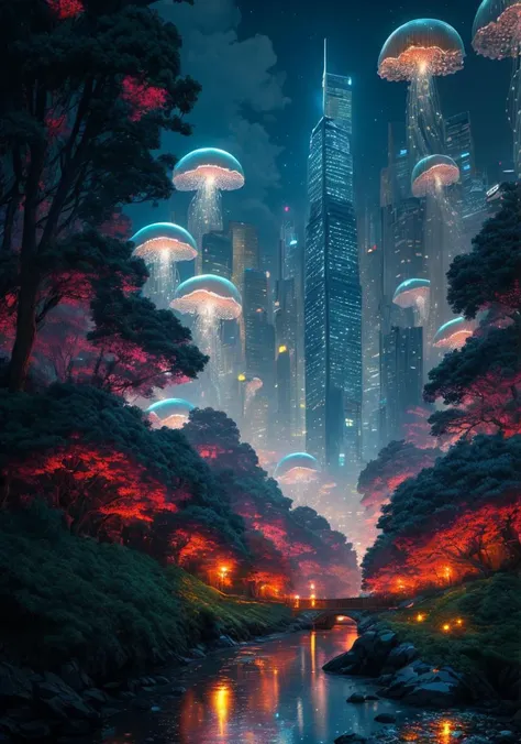 (masterpiece:1.2), (best quality), (ultra detailed), (8k, 4k, intricate),(highly detailed:1.2), (detailed background),detailed landscape,<lora:more_details:0.5> <lora:style:0.6>((neostyle)), outdoors, artist name, tree, night, watermark, building, scenery, city, road, cityscape, skyscraper, city lights, Jellyfish Forest <lora:jellyfish-noise:0.6>