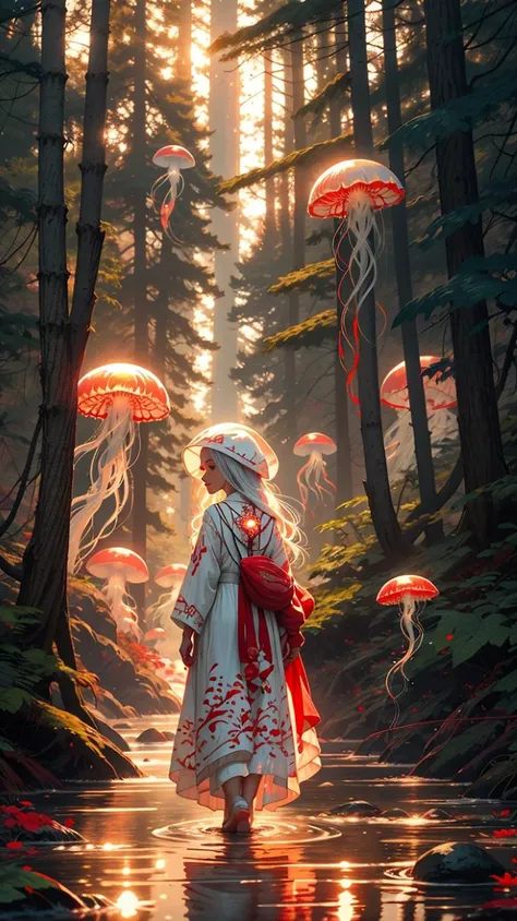 red jellyfish,jellyfishforest, 1girl, long hair, dress, solo, white hair,red hat,mushroom, nature, outdoors, tree, walking, forest, water<lora:jellyfish-noise:1>