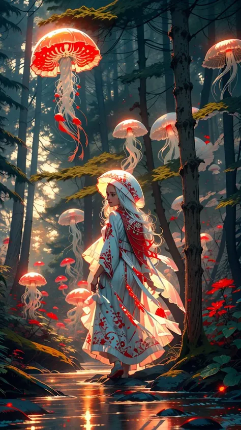 red jellyfish,jellyfishforest, 1girl, long hair, dress, solo, white hair,red hat,mushroom, nature, outdoors, tree, walking, forest, water<lora:jellyfish-noise:1>