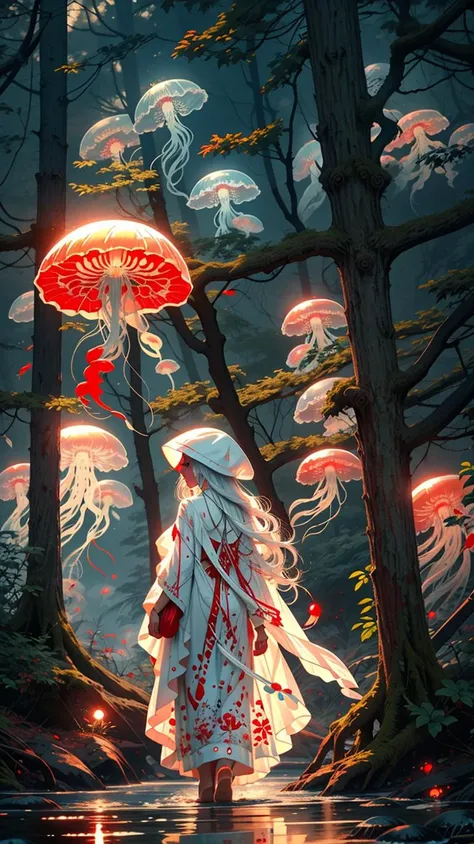 red jellyfish,jellyfishforest, 1girl, long hair, dress, solo, white hair,red hat,mushroom, nature, outdoors, tree, walking, forest, water<lora:jellyfish-noise:1>