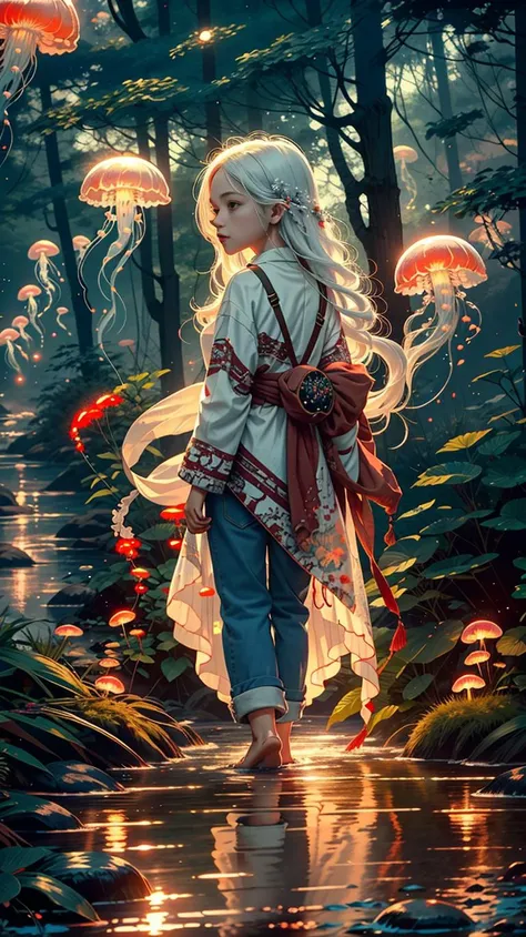 1 girl, 10 years old, chibi, plush, red jellyfish, jellyfish forest, 1 girl, long hair, dress, solo, white hair, mushrooms, fireflies, nature, jeans, outdoors, trees, walking, forest, water<lora:jellyfish-noise:1>