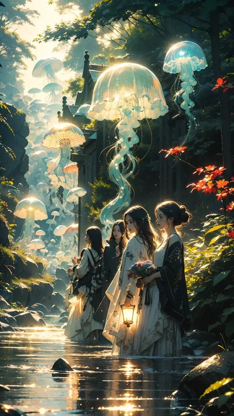 high quality, realistic, official art, unity 8k wallpaper, ultra detailed, beautiful and aesthetic, masterpiece, best quality, green jellyfish,(jellyfishforest:1.4), mushroom, dress, long hair, scenery, white dress, solo, nature, water, wading, outdoors, tree, standing, black hair, fantasy, forest, <lora:jellyfish-noise:1>, <lora:decolorization:0.8>, <lora:add_brightness:0.6>
