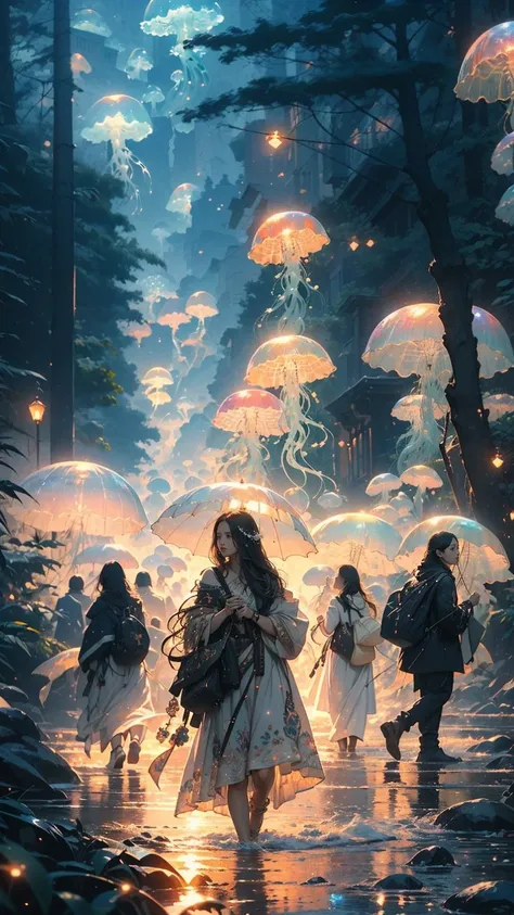 high quality, realistic, official art, unity 8k wallpaper, ultra detailed, beautiful and aesthetic, masterpiece, best quality, green jellyfish,(jellyfishforest:1.4), mushroom, dress, long hair, scenery, white dress, solo, nature, water, wading, outdoors, tree, standing, black hair, fantasy, forest, <lora:jellyfish-noise:1>, <lora:decolorization:0.8>, <lora:add_brightness:0.6>