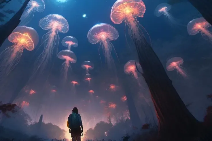busty hiker looking up at [red jellyfish, jellyfishforest], haunted forest, horror, <lora:[LoRA] Jellyfish forest>.