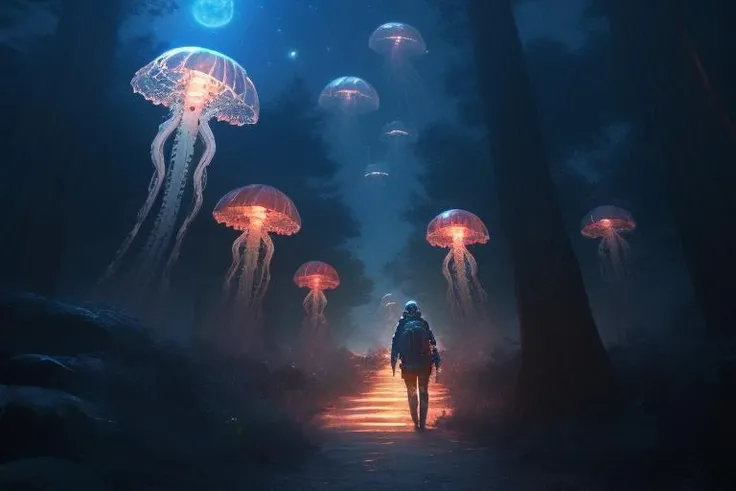 night.  busty hiker, [red jellyfish, trypophobiaai, jellyfishforest], haunted forest, horror, <lora:[LoRA] Jellyfish forest>.