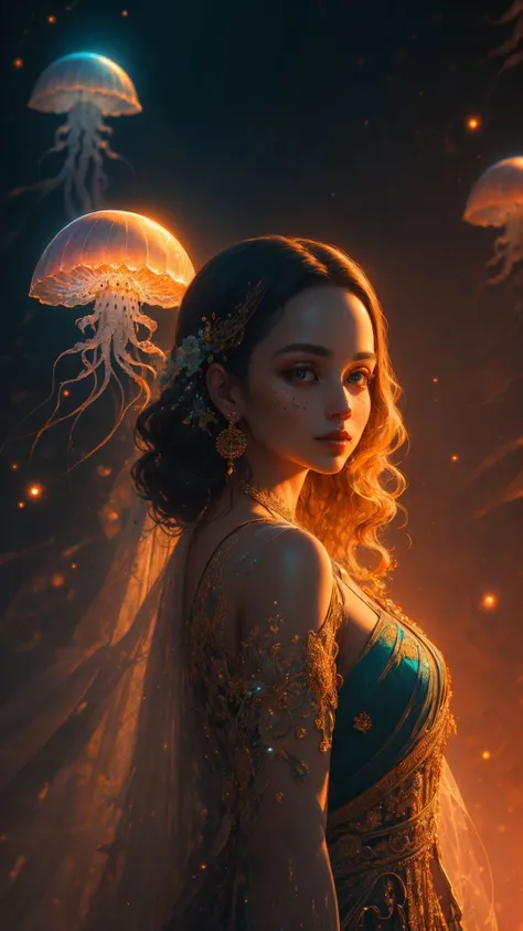 (masterpiece, top quality, best quality, official art, beautiful and aesthetic:1.2),(1girl:1.3),extremely detailed,(fractal art:1.2),(colorful:1.2),highest detailed,(zentangle:1.2),(dynamic pose),(abstract background:1.5),(treditional dress:1.2),(shiny skin),(many colors:1.4),upper body,
masterpiece,best quality,high quality,highres,16K,RAW,ultra highres,ultra details,finely detail,an extremely delicate and beautiful,extremely detailed,real shadow,slime girl,
realistic,highly detailed photo,award winning glamour photograph,photorealistic,by Marta Nael, <lora:jellyfish-noise:0.8>jellyfish,