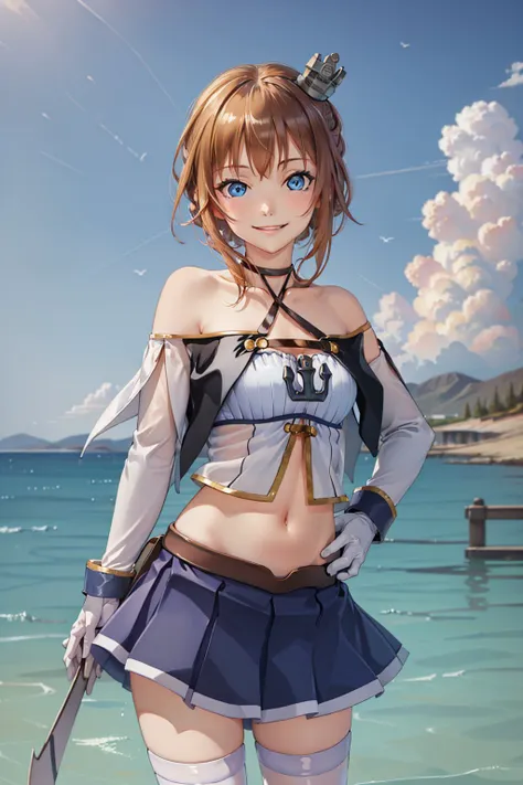(masterpiece, best quality:1.2), <lyco:azurlane_repulse-10:0.8>, cowboy shot, solo, 1girl, alrepulse, smile, looking at viewer, hand on hip, wading, braid, halterneck, blue skirt, white thighhighs, white gloves, anchor, bare shoulders, midriff
