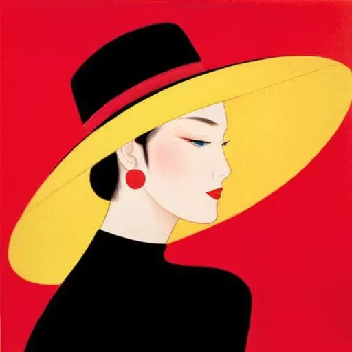 Ichiro Tsuruta, a woman with black top, wearing a yellow hat, clean red background, modern illustration <lora:Tsuruta_Ichiro-000003:0.7>