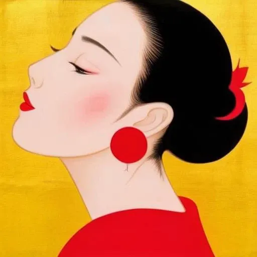 Ichiro Tsuruta, a woman with a red earring on her ear and a yellow background, modern illustration <lora:Tsuruta_Ichiro-000003:0.7>