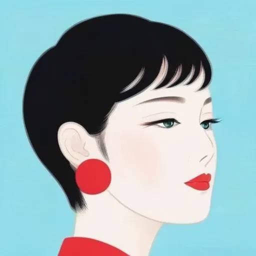 Ichiro Tsuruta, a woman with short hair and red earrings, clean blue background, modern illustration <lora:Tsuruta_Ichiro-000003:0.7>