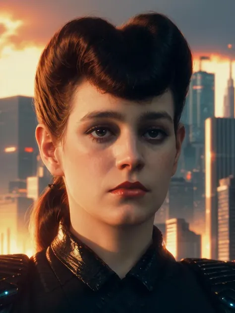 rchbld,rchbld hair, (top angled shot:1.1),(wearing 80s style clothes),sunrise,cyberpunk city street,volumetric lighting,masterpiece,cinematic