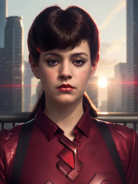 rchbld, (angled shot:1.1),rchbld hair,sunrise,(wearing red t-shirt and casual pants:1.2),cyberpunk city street,volumetric lighting,masterpiece,cinematic