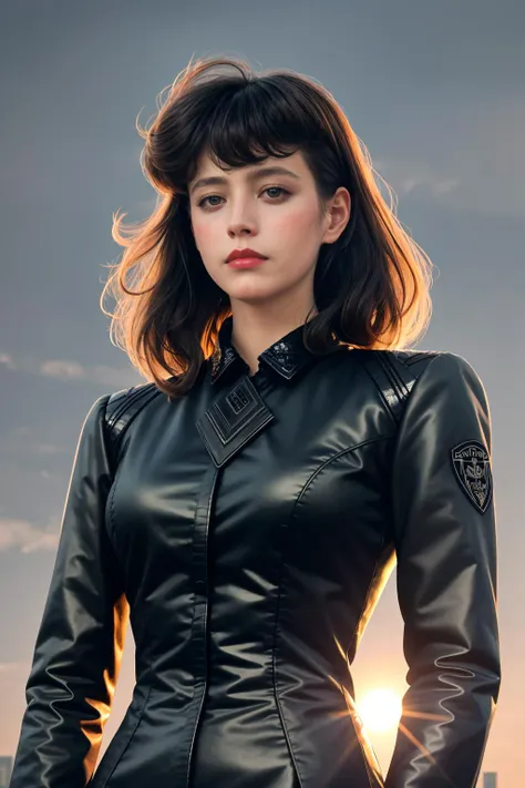 rchbld,rchbld hair, (upper body shot:1.2),(black jacket),long skirt,sunrise,cyberpunk city street,volumetric lighting,masterpiece,extremely detailed skin,pores,cinematic ,
<lora:rachel from blade runner rchbld:0.8>