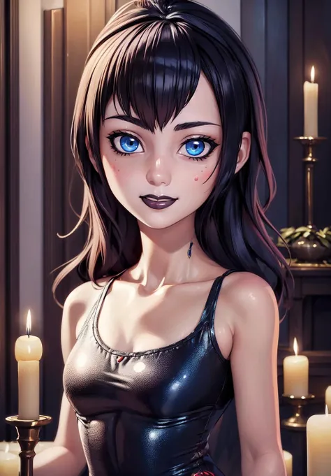 (Vector Art:1.3), 1girl, sfw, <lora:mavis_dracula:0.8>, mavis_dracula, 1girl, solo,, light skin, quarter turn,1/4 body pose, upper body view, eyes focus, looking at the viewer, (flirty facial expression:1.3), blue eyes, petite body, in early twenties, petite breasts, goth outfit, luxurious spa with candlelit ambiance, (masterpiece, best quality, absurdres, detailed, ultra-detailed:1.3), alluring, (trending on CGSociety, trending on pixiv, contest winner:1.3)
