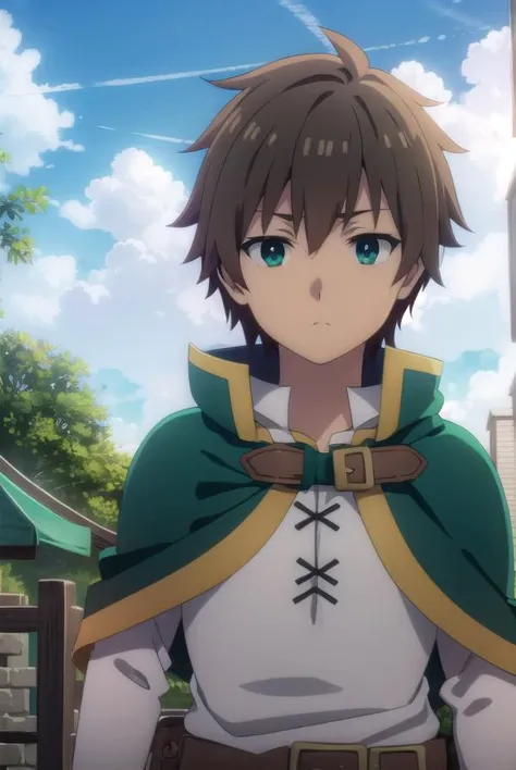 kazumasatou, <lora:kazuma satou movie-lora-nochekaiser:1>, 
kazuma satou, short hair, brown hair, (green eyes:1.3), male focus,
BREAK shirt, long sleeves, white shirt, belt, pants, capelet, brown belt,
BREAK outdoor, forest, nature, trees, village, sky, sun, clouds,
BREAK looking at viewer, (cowboy shot:1.5),
BREAK <lyco:GoodHands-beta2:1>, (masterpiece:1.2), best quality, high resolution, unity 8k wallpaper, (illustration:0.8), (beautiful detailed eyes:1.6), extremely detailed face, perfect lighting, extremely detailed CG, (perfect hands, perfect anatomy),