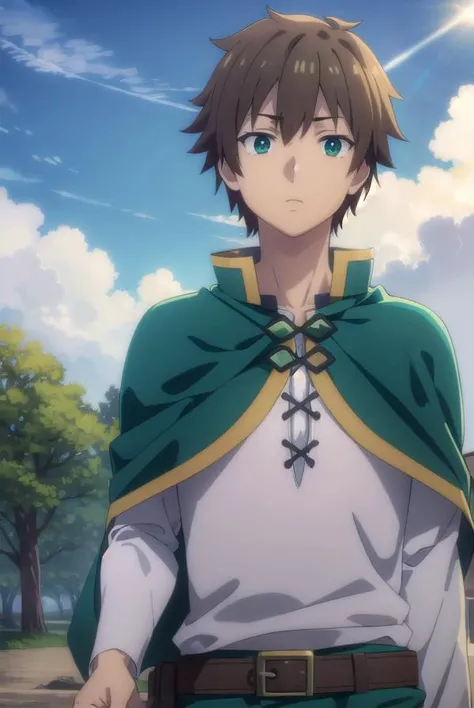 kazumasatou, <lora:kazuma satou movie-lora-nochekaiser:1>,
kazuma satou, short hair, brown hair, (green eyes:1.3), male focus,
BREAK shirt, long sleeves, white shirt, belt, pants, capelet, brown belt,
BREAK outdoor, forest, nature, trees, village, sky, sun, clouds,
BREAK looking at viewer, (cowboy shot:1.5),
BREAK <lyco:GoodHands-beta2:1>, (masterpiece:1.2), best quality, high resolution, unity 8k wallpaper, (illustration:0.8), (beautiful detailed eyes:1.6), extremely detailed face, perfect lighting, extremely detailed CG, (perfect hands, perfect anatomy),