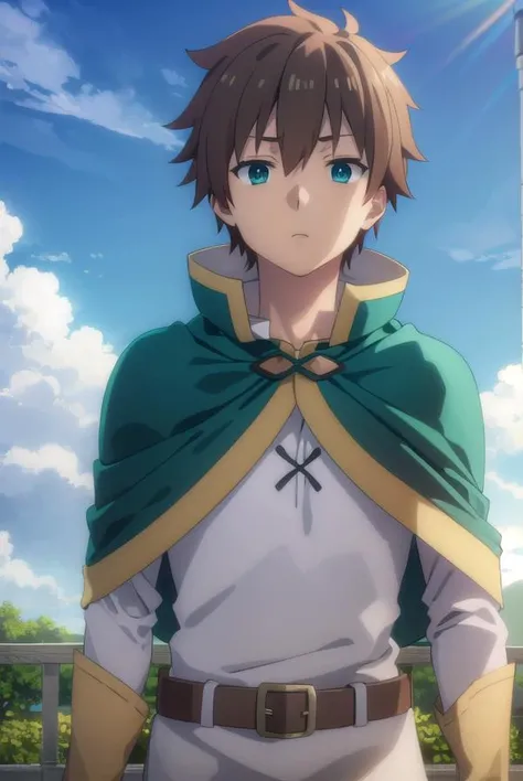 kazumasatou, <lora:kazuma satou movie-lora-nochekaiser:1>,
kazuma satou, short hair, brown hair, (green eyes:1.3), male focus,
BREAK shirt, long sleeves, white shirt, belt, pants, capelet, brown belt,
BREAK outdoor, forest, nature, trees, village, sky, sun, clouds,
BREAK looking at viewer, (cowboy shot:1.5),
BREAK <lyco:GoodHands-beta2:1>, (masterpiece:1.2), best quality, high resolution, unity 8k wallpaper, (illustration:0.8), (beautiful detailed eyes:1.6), extremely detailed face, perfect lighting, extremely detailed CG, (perfect hands, perfect anatomy),