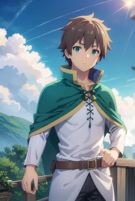 kazumasatou, <lora:kazuma satou movie-lora-nochekaiser:1>, 
kazuma satou, short hair, brown hair, (green eyes:1.3), male focus,
BREAK shirt, long sleeves, white shirt, belt, pants, capelet, brown belt,
BREAK outdoor, forest, nature, trees, village, sky, sun, clouds,
BREAK looking at viewer, (cowboy shot:1.5),
BREAK <lyco:GoodHands-beta2:1>, (masterpiece:1.2), best quality, high resolution, unity 8k wallpaper, (illustration:0.8), (beautiful detailed eyes:1.6), extremely detailed face, perfect lighting, extremely detailed CG, (perfect hands, perfect anatomy),
