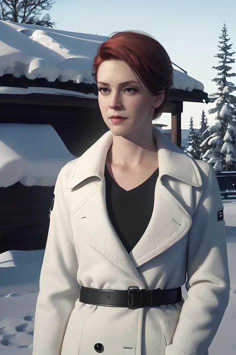 Realistic, realism, photorealism, photo-realistic, high contrast, (photorealistic:1.4), 8k high definition detailed realistic, (best quality, masterpiece:1.2), full bodyshot, photon mapping, radiosity, physically-based rendering, best quality, highly detailed,((full bodyshot)),  1girl,, looking at the viewer,Dianab, 40 years old,  Long auburn hair, Wearing winter clothes, snowy cottage background   <lyco:GoodHands-beta2:1>  <lora:DianaB-000014:.8>