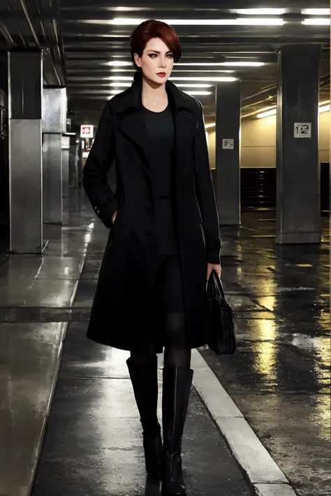 1girl,dianab,long auburn hair,standing,wearing (long black overcoat:1.1),buttoned up,pantyhose,boots,solo,full body,looking at viewer,stern face,in underground parking garage, <lora:DianaB:0.7>, <lora:LORA-XenoDetailer-v2:0.1>