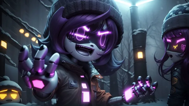 best quality,glitchproductions,robot,(uzidrone:1.1),looking at viewer,(purple eyes:1.1),purple hair,(solo:1.3),1girl,beanie,open mouth,snowing,outdoors,facing viewer,long hair,bangs,(jacket:1.1),<lora:Murderdronev2.1:0.9>,(android:1.1),robot joints,(glowing eyes:1.1),