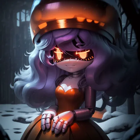 best quality,glitchproductions,robot,workerdrone,looking at viewer,wavy mouth,orange eyes,purple hair,solo,1girl,snowing,outdoors,facing viewer,long hair,bangs,hardhat,arms crossed,dress <lora:Murderdronev2.1:1>,