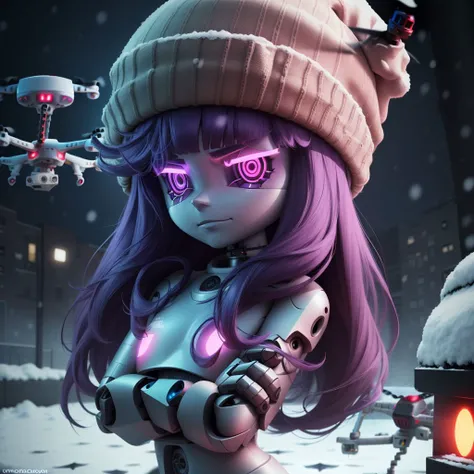 best quality,glitchproductions,robot,(uzidrone:1.5),looking at viewer,(purple eyes:1.1),purple hair,solo,1girl,beanie,snowing,outdoors,facing viewer,long hair,bangs,arms crossed,<lora:Murderdronev2.1:0.6>,android,robot joints,glowing eyes,