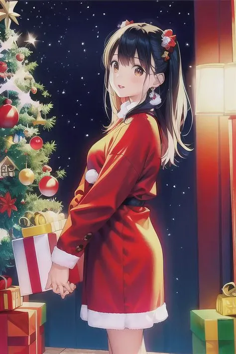 (masterpiece:1.2), best quality, masterpiece, highres, original,perfect light, 4k,8k,1girl, antlers, black hair, brown eyes, brown hair, candy cane, christmas, christmas lights, christmas ornaments, christmas tree, earrings, gift, gift box, holly, jewelry, lantern, lips, lipstick, long hair, long sleeves, looking at viewer, merry christmas, paper lantern, parted lips, realistic, red background, red moon, red theme, santa costume, santa hat, sleeves past wrists, snow, snowing, solo, star \(sky\), torii,<lora:christmas_real-000014:0.8>