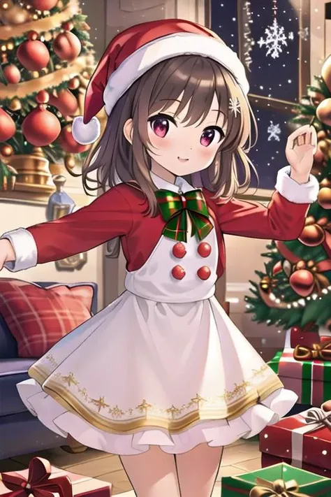 masterpiece,ultra detail,best quality,,girl,living room,stove,carpet,present box, petite,christmas,christmas tree,night,illumination,town <lora:christmas:0.8>dress,blush, open arms for viewer
