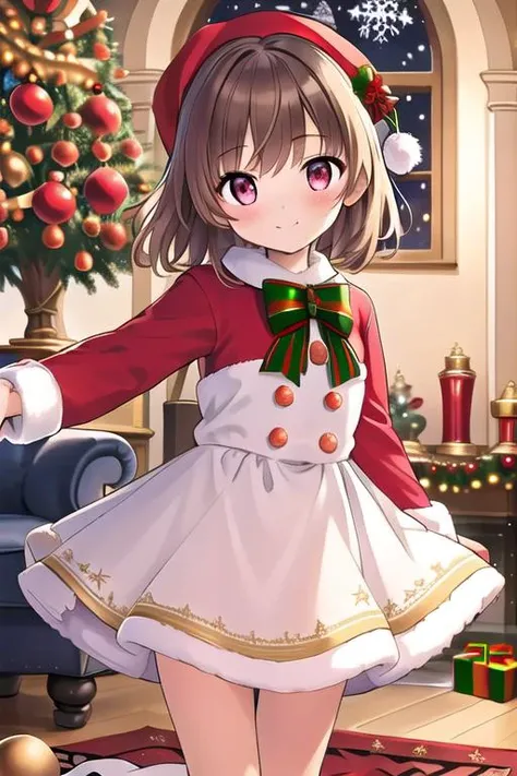 masterpiece,ultra detail,best quality,,girl,living room,stove,carpet,present box, petite,christmas,christmas tree,night,illumination,town <lora:christmas:0.8>dress,blush, open arms for viewer