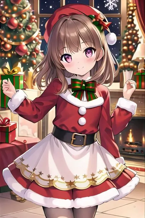 masterpiece,ultra detail,best quality,,girl,living room,stove,carpet,present box, petite,christmas,christmas tree,night,illumination,town <lora:christmas:0.8>dress,blush, open arms for viewer