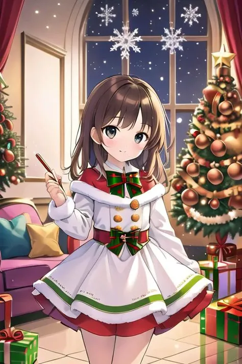 masterpiece,ultra detail,best quality,,girl,living room,stove,carpet,present box, petite,christmas,christmas tree,night,illumination,town <lora:christmas:0.8>dress