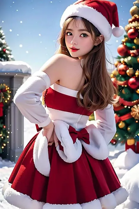 (masterpiece:1.2), best quality, masterpiece, highres, original,perfect light, 4k,8k,1girl, antlers, bell, blonde hair, blue eyes, bow, bowtie, box, candy cane, capelet, carrying over shoulder, chimney, christmas, christmas lights, christmas ornaments, christmas tree, closed mouth, deer ears, fake antlers, fireplace, fur-trimmed capelet, fur-trimmed dress, fur-trimmed gloves, fur-trimmed headwear, fur-trimmed hood, fur-trimmed skirt, fur-trimmed sleeves, fur trim, gift, gift bag, gift box, hat, holding, holding sack, holly, looking at viewer, merry christmas, ornament, pine tree, pom pom \(clothes\), red bow, red bowtie, red capelet, red headwear, reindeer, reindeer antlers, reindeer costume, rooftop, sack, santa bikini, santa boots, santa costume, santa dress, santa gloves, santa hat, short hair, smile, snow, snowflake background, snowflake print, snowflakes, snowing, snowman, solo, wreath, <lora:christmas:0.7>