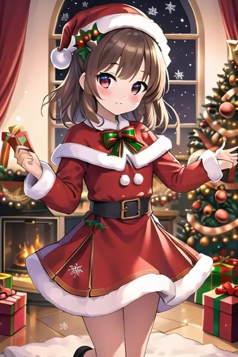 masterpiece,ultra detail,best quality,,girl,living room,stove,carpet,present box, petite,christmas,christmas tree,night,illumination,town <lora:christmas:0.8>dress,blush open arms