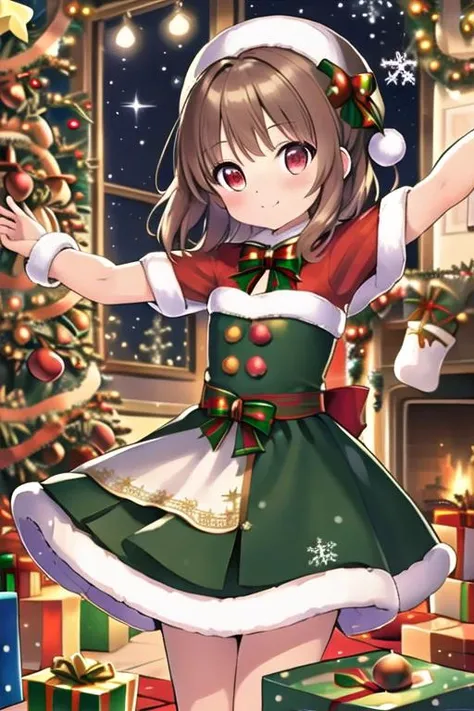 masterpiece,ultra detail,best quality,,girl,living room,stove,carpet,present box, petite,christmas,christmas tree,night,illumination,town <lora:christmas:0.8>dress,blush, open arms for viewer,speech bubble,text,merry christmas