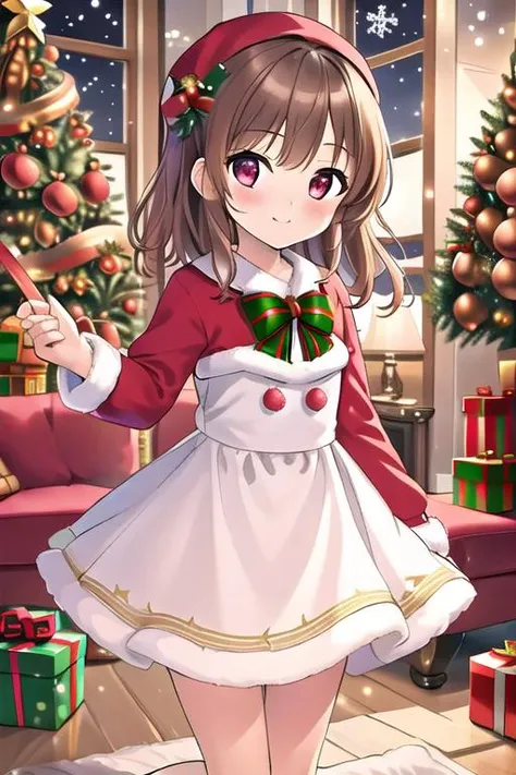 masterpiece,ultra detail,best quality,,girl,living room,stove,carpet,present box, petite,christmas,christmas tree,night,illumination,town <lora:christmas:0.8>dress,blush, open arms for viewer