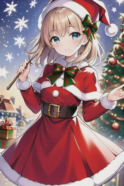 (masterpiece:1.2), best quality, masterpiece, highres, original,perfect light, 4k,8k,1girl, antlers, bell, blonde hair, blue eyes, bow, bowtie, box, candy cane, capelet, carrying over shoulder, chimney, christmas, christmas lights, christmas ornaments, christmas tree, closed mouth, deer ears, fake antlers, fireplace, fur-trimmed capelet, fur-trimmed dress, fur-trimmed gloves, fur-trimmed headwear, fur-trimmed hood, fur-trimmed skirt, fur-trimmed sleeves, fur trim, gift, gift bag, gift box, hat, holding, holding sack, holly, looking at viewer, merry christmas, ornament, pine tree, pom pom \(clothes\), red bow, red bowtie, red capelet, red headwear, reindeer, reindeer antlers, reindeer costume, rooftop, sack, santa bikini, santa boots, santa costume, santa dress, santa gloves, santa hat, short hair, smile, snow, snowflake background, snowflake print, snowflakes, snowing, snowman, solo, wreath, <lora:christmas:0.7>