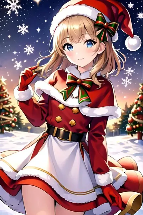 (masterpiece:1.2), best quality, masterpiece, highres, original,perfect light, 4k,8k,1girl, antlers, bell, blonde hair, blue eyes, bow, bowtie, box, candy cane, capelet, carrying over shoulder, chimney, christmas, christmas lights, christmas ornaments, christmas tree, closed mouth, deer ears, fake antlers, fireplace, fur-trimmed capelet, fur-trimmed dress, fur-trimmed gloves, fur-trimmed headwear, fur-trimmed hood, fur-trimmed skirt, fur-trimmed sleeves, fur trim, gift, gift bag, gift box, hat, holding, holding sack, holly, looking at viewer, merry christmas, ornament, pine tree, pom pom \(clothes\), red bow, red bowtie, red capelet, red headwear, reindeer, reindeer antlers, reindeer costume, rooftop, sack, santa bikini, santa boots, santa costume, santa dress, santa gloves, santa hat, short hair, smile, snow, snowflake background, snowflake print, snowflakes, snowing, snowman, solo, wreath, <lora:christmas:0.7>