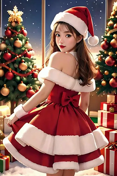 (masterpiece:1.2), best quality, masterpiece, highres, original,perfect light, 4k,8k,1girl, antlers, bell, blonde hair, blue eyes, bow, bowtie, box, candy cane, capelet, carrying over shoulder, chimney, christmas, christmas lights, christmas ornaments, christmas tree, closed mouth, deer ears, fake antlers, fireplace, fur-trimmed capelet, fur-trimmed dress, fur-trimmed gloves, fur-trimmed headwear, fur-trimmed hood, fur-trimmed skirt, fur-trimmed sleeves, fur trim, gift, gift bag, gift box, hat, holding, holding sack, holly, looking at viewer, merry christmas, ornament, pine tree, pom pom \(clothes\), red bow, red bowtie, red capelet, red headwear, reindeer, reindeer antlers, reindeer costume, rooftop, sack, santa bikini, santa boots, santa costume, santa dress, santa gloves, santa hat, short hair, smile, snow, snowflake background, snowflake print, snowflakes, snowing, snowman, solo, wreath, <lora:christmas:0.7>