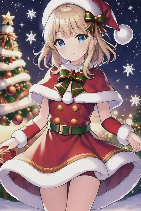 (masterpiece:1.2), best quality, masterpiece, highres, original,perfect light, 4k,8k,1girl, antlers, bell, blonde hair, blue eyes, bow, bowtie, box, candy cane, capelet, carrying over shoulder, chimney, christmas, christmas lights, christmas ornaments, christmas tree, closed mouth, deer ears, fake antlers, fireplace, fur-trimmed capelet, fur-trimmed dress, fur-trimmed gloves, fur-trimmed headwear, fur-trimmed hood, fur-trimmed skirt, fur-trimmed sleeves, fur trim, gift, gift bag, gift box, hat, holding, holding sack, holly, looking at viewer, merry christmas, ornament, pine tree, pom pom \(clothes\), red bow, red bowtie, red capelet, red headwear, reindeer, reindeer antlers, reindeer costume, rooftop, sack, santa bikini, santa boots, santa costume, santa dress, santa gloves, santa hat, short hair, smile, snow, snowflake background, snowflake print, snowflakes, snowing, snowman, solo, wreath, <lora:christmas:0.7>